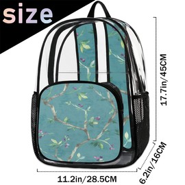 bisibuy Bird Flower Branches Clear Backpack Stadium Approved Heavy Duty PVC Transparent Backpacks Large See Through Bag for Work Travel Sports Events Concerts