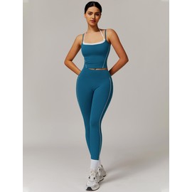 Womens Workout Sets Two Piece Spaghetti Straps Back Tank Top Matching Tummy Control High Waist Leggings Set 2 Piece For Women Gym Yoga Active Wear Outfits Athletic Work Out Clothes Green Blue L