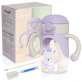 Bunnytoo Sippy Cup with Weighted Straw for Babies 6m+ 12m+ Toddler Trainer Handles BPA Free Leak-Proof Soft Spout Training Bottle with Calibration,280ml Violet