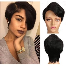 Black Textures Short Straight Human Hair Wig, 9 Inch Lace Part, Pixie Cut Style Natural Black (1B)