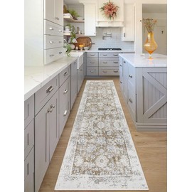 Lahome Vintage Floral Hallway Runner Rug, 2.5X10 Long Washable Runner Rug Non Slip Kitchen Runners,Low Pile No Shedding Carpet Runners for Entryway Bedroom ‎Bathroom,Beige