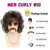 Angzon Men's Brown Short Curly 70s 80s Mullet Costume Wig