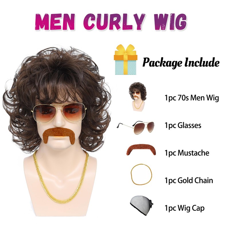 Angzon Men's Brown Short Curly 70s 80s Mullet Costume Wig