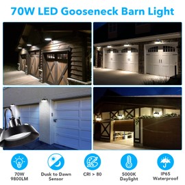 Paktonvo LED Gooseneck Barn Light, 70W 5000K Daylight 9800LM Dusk to Dawn Outdoor Farmhouse Wall Mount Light with Photocell,800W MH/HPS Equiv,Swivel Head LED Wall Lantern Light for Porch Yard Street