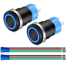 Gebildet Pack of 2 0.47 inch/12 mm Metal Black Momentary Press Button 12V-24V 3A LED Closer SPST ON Off Waterproof with Wire Socket Plug (Blue LED)