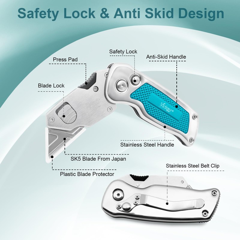 Vickay Box Cutter, Utility Knife with Belt Clip, Stainless Steel