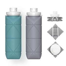 Botella de agua deportiva plegable, 2 botellas de agua blandas con válvula a prueba de fugas, botella de agua de silicona portátil sin BPA para gimnasio, correr, andar en bicicleta, acampar, etc.