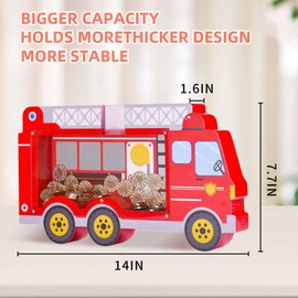 AORCMITN Wooden Fire Truck Piggy Bank Boalord for Boys Kids Girls Clear Real Money Coin Bank Toy Toddler Birthday