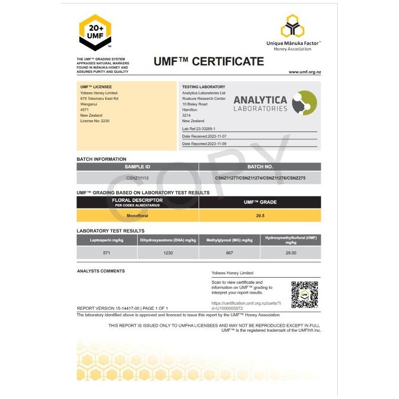 Yobees Honey's MGO 826 Certified Pure New Zealand Manuka Honey