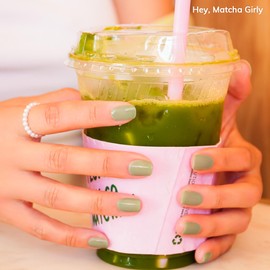 Heyhae Semi Cured Gel Nail Strips | Sun Cured Gel Nail Wraps No LED Lamp Needed Easy Apply & Remove | Includes 28 Strips, 1 Prep Pad, 1 Nail File & 1 Wooden Stick - Hey, Matcha Girly