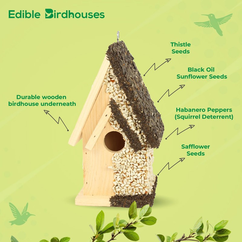 Edible Birdhouse - Birdseed Bird Feeder, Wooden Birds House Covered