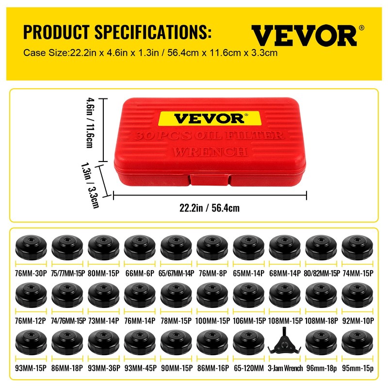 VEVOR Oil Filter Socket Set, 30 Pcs, Steel, Black, 3-Jam