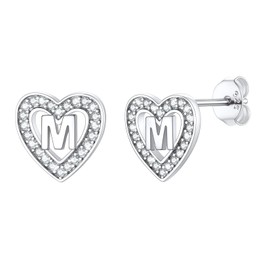 M Earrings 925 Womens Silver Stud Hypoallergenic Sterling Silver Alphabet Letter A-Z Stud Earrings CZ Simulated Diamond Heart Earrings for Women Lover