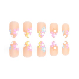 DANMANR Short Fake Nails Flower Press on Nails Almond Nails Full Cover Acrylic Colorful Flase Nails for Women and Girls 24PCS