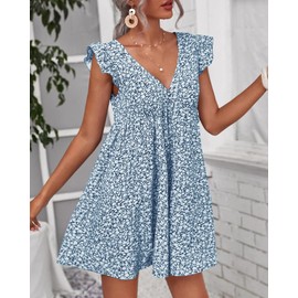 Women Boho Floral Summer Dresses Casual Backless V Neck Mini Dress Ruffle Beach Sundress Blue