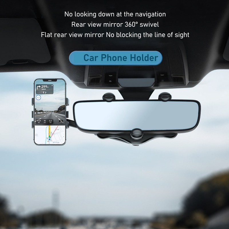Car Rearview Mirror Phone Holder Adjustable 360 Degrees Rotation Multifunctional