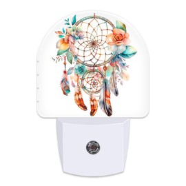 sndheke Boho Dream Catcher Flowers Night Light, Watercolor Boho Feathers Floral Dusk to Dawn Night Light Plug in,0.5w Energy Saving Sleep Friendly Night Light for Kids Boys Girls Home Decor