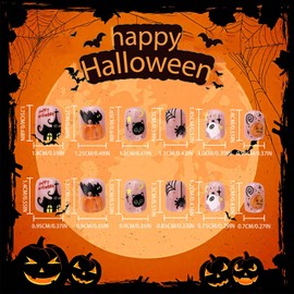 24Pcs 3D Pumpkins Short Square False Nails Halloween Press on Nails Black Cat Stick on Fingernails Spider Web Gel Glue on Nail Glossy Sparkly Pink Glitter Acrylic Fake Nail for Trick or Treat Vibe