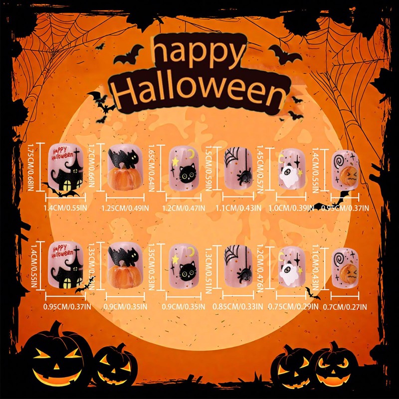 24Pcs 3D Pumpkins Short Square False Nails Halloween Press on