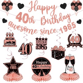 12Pcs 40th Birthday Decorations for Women Pre-Strung Black and Rose Gold Glitter Happy 40th Birthday Awesome Since 1985 Banner Honeycomb Centerpieces Swirls Forty Party Supplies