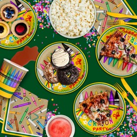 Crayon - Juego de suministros para fiesta de cumpleaños, platos, servilletas, tazas, vajilla para 16