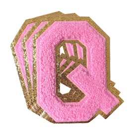 Parches de chenilla, parches para planchar con purpurina rosa, parches de letras universitarias, parches bordados de chenilla, parches para coser para ropa, sombreros, bolsas, chaquetas, camisa (rosa, Q)