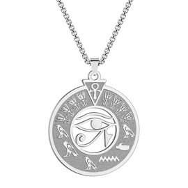 QIAMNI Eye of Horus Necklace for Men Stainless Steel Egypt Hieroglyph Cartouche Pendant Eye of Ra Necklace Jewelry (Silver)