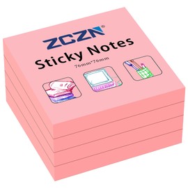 ZCZN Sticky Notes 3 x 3 in, 100 Sheets/Pad, 4 Pads, Pink