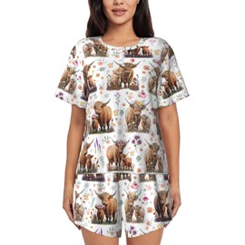 YUGUSNCH Highland Cow Pajamas Set For Women Short Sleeve T-Shirts Shorts Jumpsuit Sleepwear Nightwear Home Summer Pajamas Suit Large