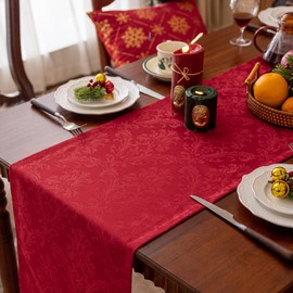 Joyfol Day Jacquard Christmas Red Table Runners, Waterproof Damask Floral Table Runner for Xmas Holiday Winter Festival Party Kitchen Dining Tabletop Decoration (14x108 Inch)