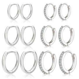 NEVEGE 6Pairs Silver Hoops Earrings for Women,Cubic Zirconia Sterling Silver Hoop Earrings Hypoallergenic Silver Huggie Earrings Small Silver Hoop Earrings Sets for Multiple Piercings (8MM 10MM 12MM)
