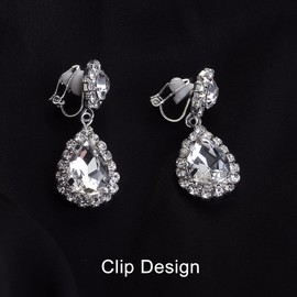 FIBO STEEL Clip on Wedding Jewelry for Bride Bridesmaid Clip Teardrop Pendant Earrings Crystal Rhinestone Tennis Necklace Bracelets Jewelry Set for Women Party Wedding Prom