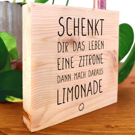 Witzige Geschenke Für Männer - Aus Zitronen Limonade machen Holzbild 11x11x2cm zum Hinstellen auf's Regal/Sideboard mit Reagenzglas - Funny, Lustig, Positives Denken, Sprüche, Zuhause Dekoration