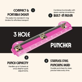 Performore 3 Hole Portable Paper Punch (Pink) with Built-in 10" Ruler, 5 Sheets Capacity, Letter-Size for 3-Ring Binders