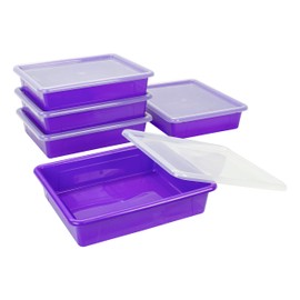 Storex Letter Size Flat Storage Tray – Organizer Bin with Non-Snap Lid for Classroom, Office and Home, Violet, 5-Pack (62540A05C)