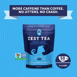 Zest Tea Premium Energy Hot Tea, High Caffeine Blend Natural & Healthy Traditional Black Coffee Substitute, Perfect for Keto, 150 mg Caffeine per Serving, Blue Lady Black Tea, 4 Oz Loose Leaf