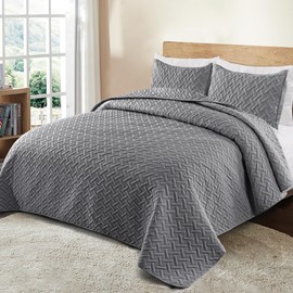 Exclusivo Mezcla Soft Quilt Set Queen Full Size, 3 Pieces Lightweight Quilts Grey Bedspreads Coverlets Bedding Set for All Seasons, Weave Pattern