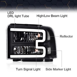 PIT66 LED DRL Headlight Compatible with Ford F250 F350 F450 F550 Super Duty 2005-2007/Compatible with Excursion 2005 6C3Z13008DB,6C3Z13008CB Clear lens Black Housing Clear Reflector