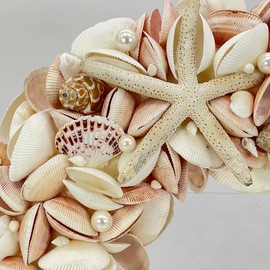 Natural Seashell Wreath w/Shells, Starfish, Pearls, Sea Snails - Spring & Summer Coastal Decor Beach House Indoor Door Wreath, 18in Pink