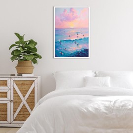 KOEUIRW - Pósteres de surf de verano de moda azul y rosa paisaje por el mar, arte de pared clásico costera de vaquera, impresión estética, pintura para adolescentes, recámara, departamento, decoración