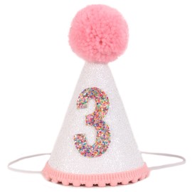 LINLULU - Sombrero de cumpleaños para niñas, sombrero de cumpleaños con purpurina con pompón rosa, decoración de cumpleaños para niñas, Sombrero de tercer cumpleaños, 5.7"*3.3"