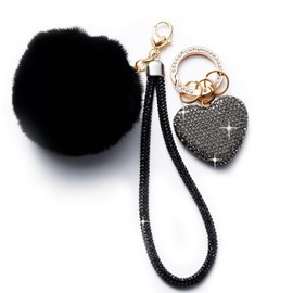 HONYJOOM Cute Pom Pom Keychain, Bling Heart Keychains Pendant, Black Glitter Heart Pretty Car key Chain Accessories for Women and Girls Gifts