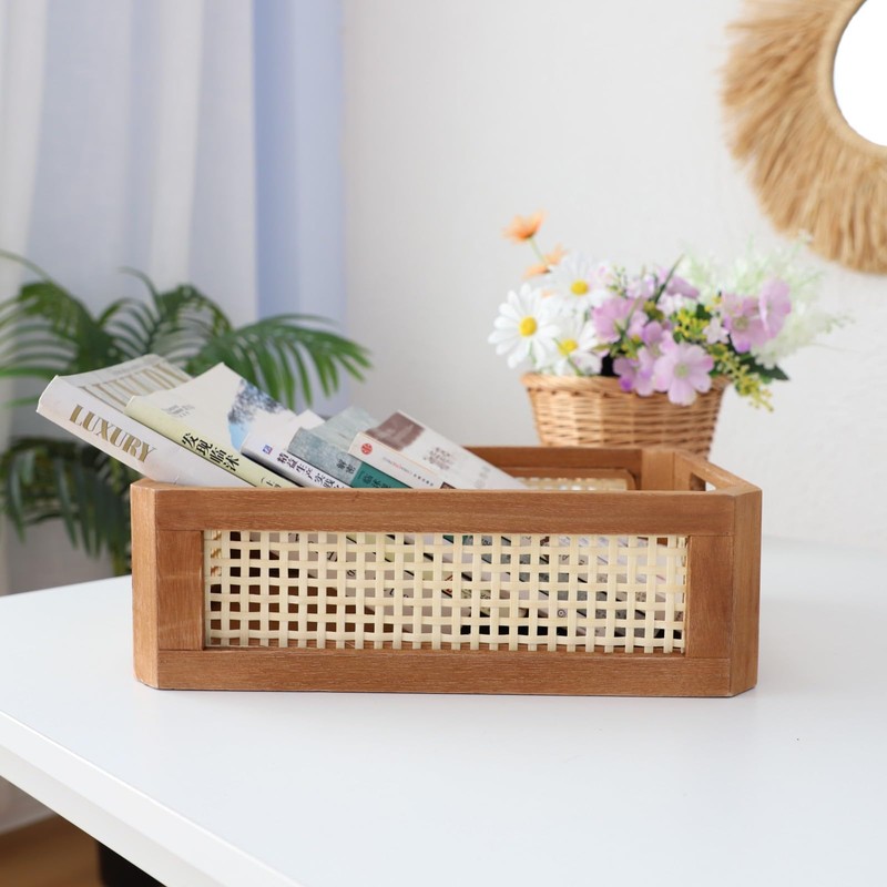 YAHUAN Pine Wood Bamboo Woven Frame Square Storage Basket Low