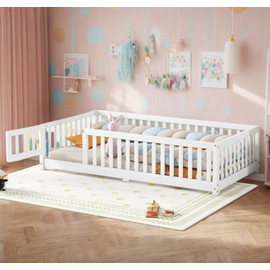 Bellemave Twin Floor Bed Frame with with Slats and Fence, Wood Montessori Floor Bed with Full-Length Guardrails & Removable Door, Kids Montessori Bed Twin Size, White