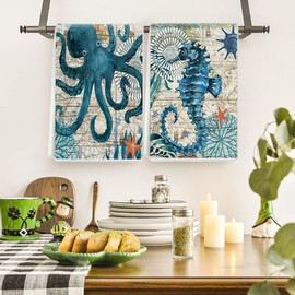 Outoodr Beach Theme Kitchen Towels Dish Towels, 16x24 inch Ocean Drying Dishcloth Set of 4, Decorative Hand Towels for Spring Summer Kitchen Decoration