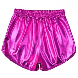 Girls Rose Metallic Neon Shorts Rave Spandex Dance Shorts Shiny Hot Pink 6 7 with Sunglasses
