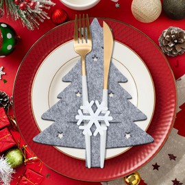 FUKPO Pack of 12 Cutlery Bags Christmas Felt Grey Cutlery Holder Christmas Table Decoration Christmas Tree Snowflake Star Christmas Table Decoration Set Christmas Table Decoration