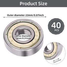 Bubuny Pack of 40 608 ZZ Ball Bearings, 608zz Ball Bearings, 8 x 22 x 7 mm, Metal Double Shielded Miniature Deep Groove Ball Bearings for Skateboard, Scooter, Inline Skates, Heat Resistant Ball
