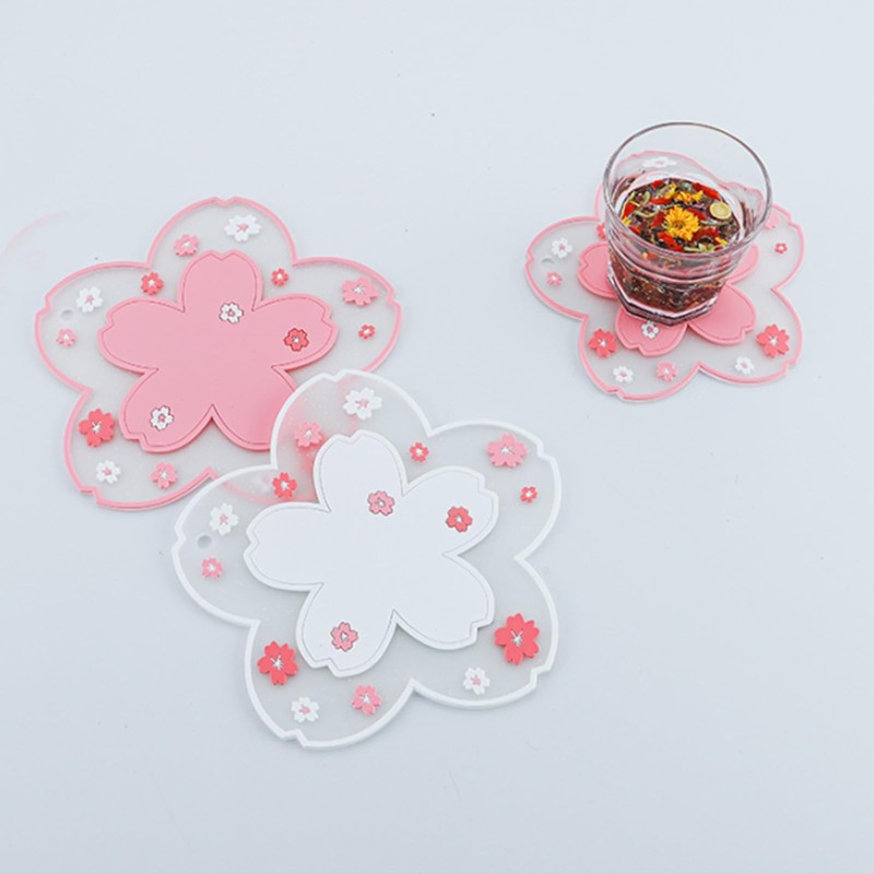 6Pcs Silicon Cup Coasters, Cherry Blossoms and Daisies Coasters, Non-Slip