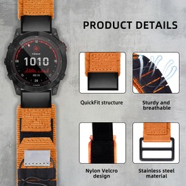 SumRioo QuickFit 26 mm Bracelet for Garmin Fenix 7X Pro Solar/7X Pro/7X Solar/7X/6X Solar/6X Pro/6X/5X Plus/5X, Nylon Replacement Strap for Garmin Fenix 3/3HR/Epix Pro 51 mm/Tactix Delta Solar, Orange